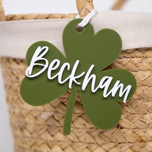 Personalized St. Patrick&#39;s Day Gift Basket Tag, Acrylic Gift Tag, Acrylic Clover Name Tags, Basket Marker, Kids Name Tag, Acrylic Gift