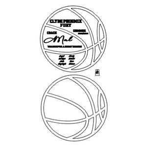 May include: Black and white outline of a basketball with the text "Clyde Phoenix Fury" and "Coach Mal" inside the basketball. The text "Transfer & Shoot Record" is also included.