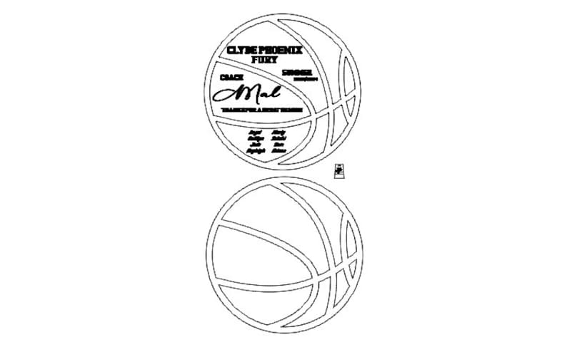 May include: Black and white outline of a basketball with the text "Clyde Phoenix Fury" and "Coach Mal" inside the basketball. The text "Transfer & Shoot Record" is also included.