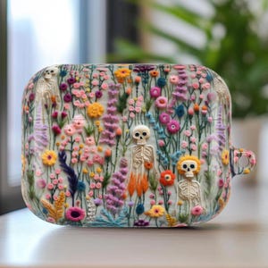Faux Embroidery Gothic Floral Skeleton Protective AirPod Shell Case, Spooky Day Of The Dead Skulls Earphone Cover, Unique Music Lover Gift