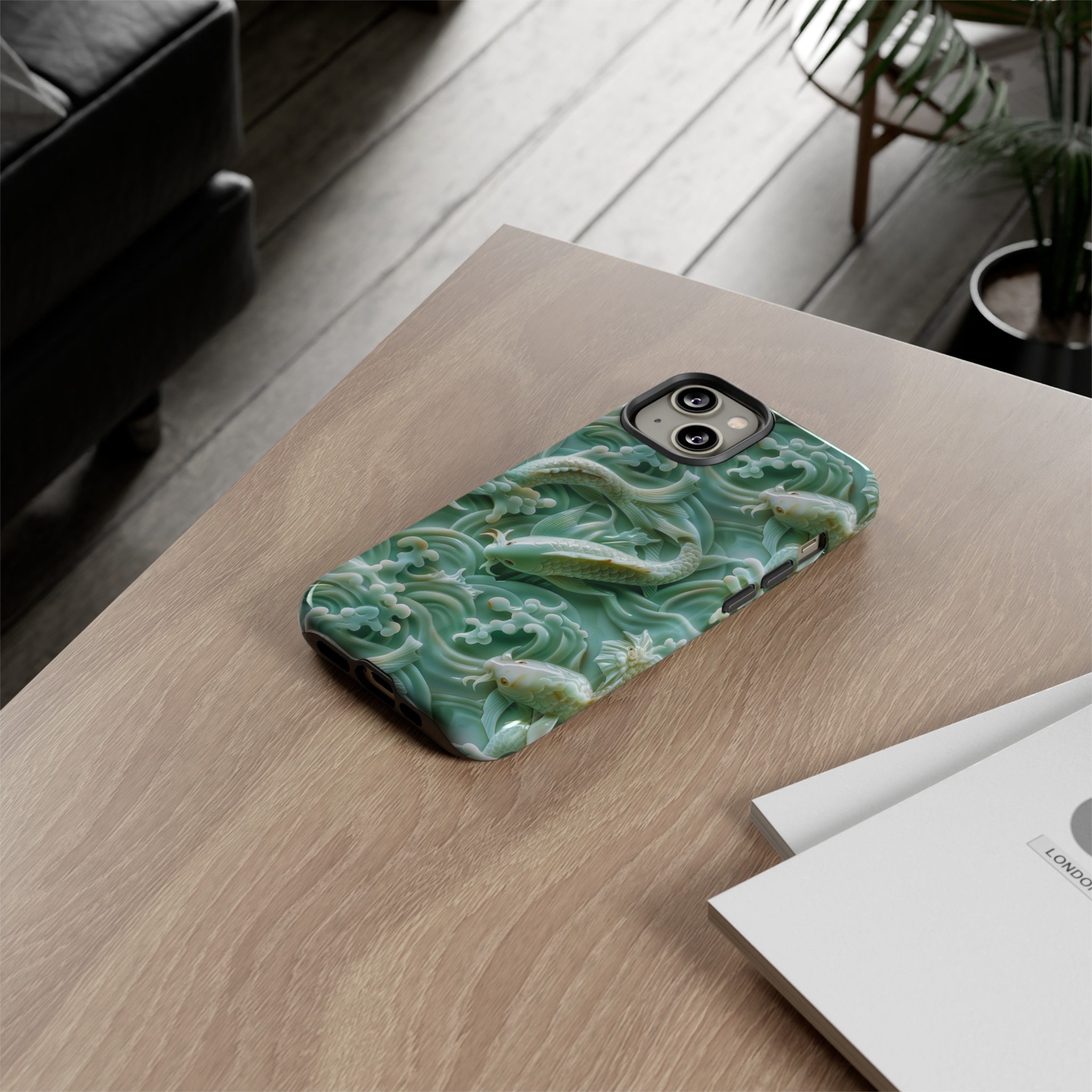 Asian Jade Carving Koi Phone Case | 3D Marble Fish Landscape | iPhone 15 14 Pro Max | Google Pixel 8 7 Pro | Samsung Galaxy S24 S22 Ultra