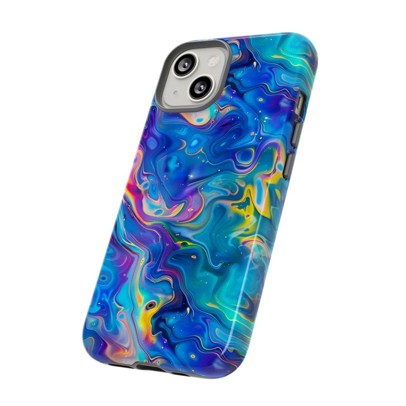 May include: A smartphone case with a vibrant, abstract design. The case features a swirling pattern of blues, purples, yellows, and greens, creating a marbled effect. The case has a glossy finish and a camera cutout.