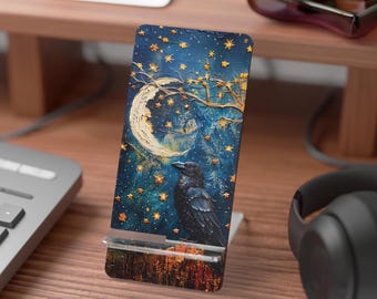 Raven and Crescent Moon Mobile Display Stand | Gothic Crow Phone Stand