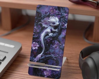 White Baby Dragon on Purple Floral Mobile Display Stand | Gothic Lavender Phone Stand