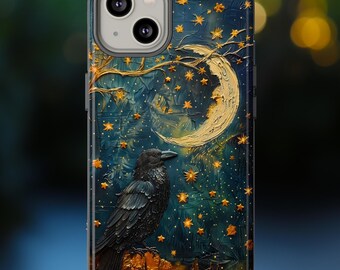 Celestial Raven Moon and Stars Phone Case, Spooky Crow Starry Night Sky Design Phone Cover For iPhone Pro Max, Pixel Pro, Samsung Plus Ultra