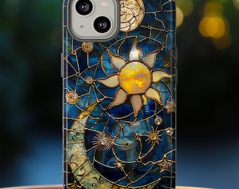 Celestial Stained Glass Print Moon & Stars Phone Case, Faux Stain Glass Starry Night Sky Design Phone Cover, iPhone 17, Pixel 9, Samsung S25