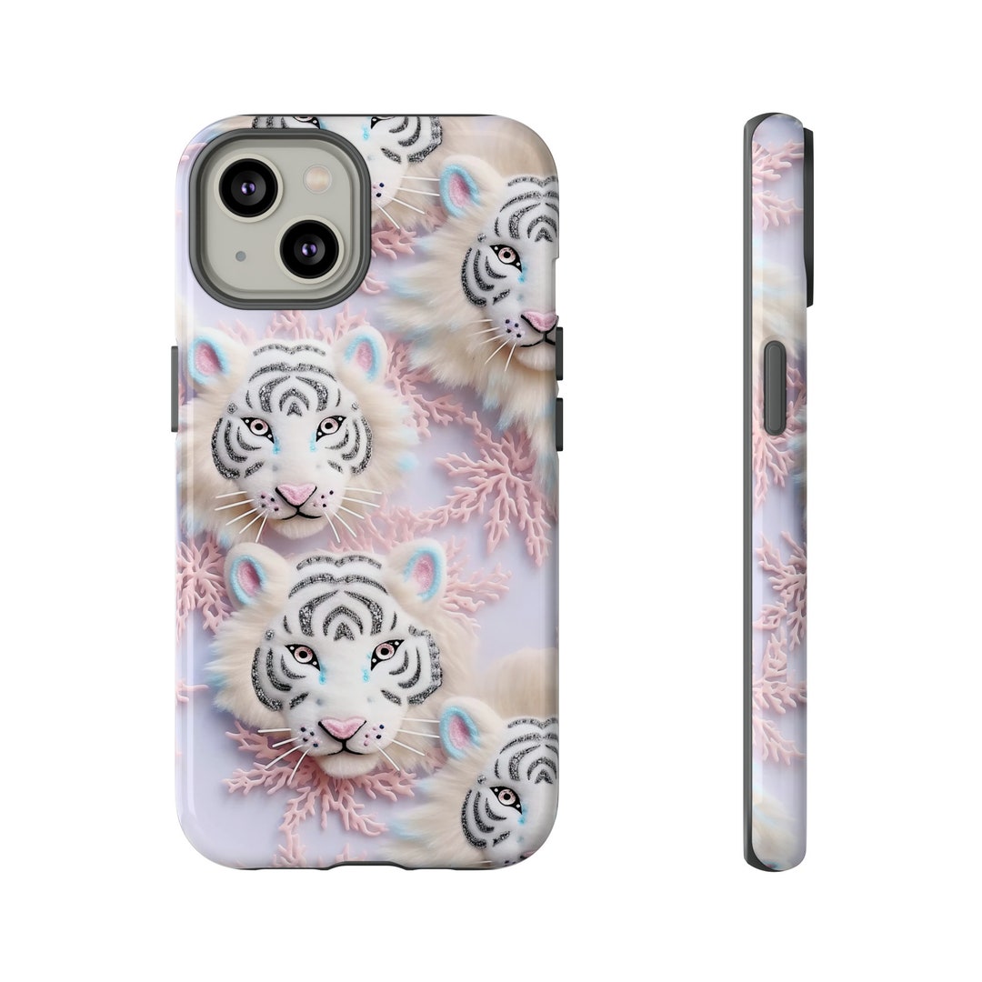 Mythical Pink Prowess Tiger Phone Case 3D Embroidery Effect White