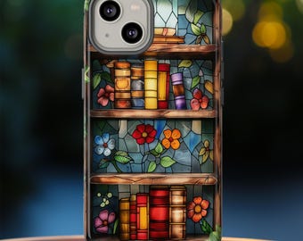 Stained Glass Floral Bookish Phone Case, Faux Stain Glass Reading Theme Book Club Phone Cover, iPhone Pro Max, Pixel Pro, Samsung Ultra Plus
