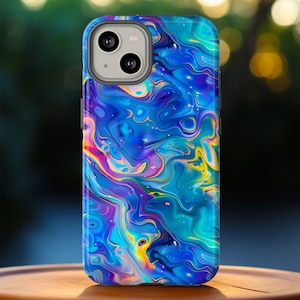 May include: A smartphone case with a vibrant, abstract design. The case features a swirling pattern of blues, purples, yellows, and pinks, creating a colorful, marbled effect. The case has a camera cutout and button placements.