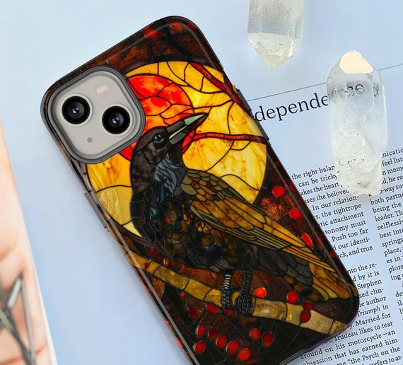 Gothic Raven Stained Glass Phone Case, Faux Stained Glass Full Moon Raven  Phone Cover, iPhone 16 15 14 13 Plus Pro Max Mini Google Pixel 9