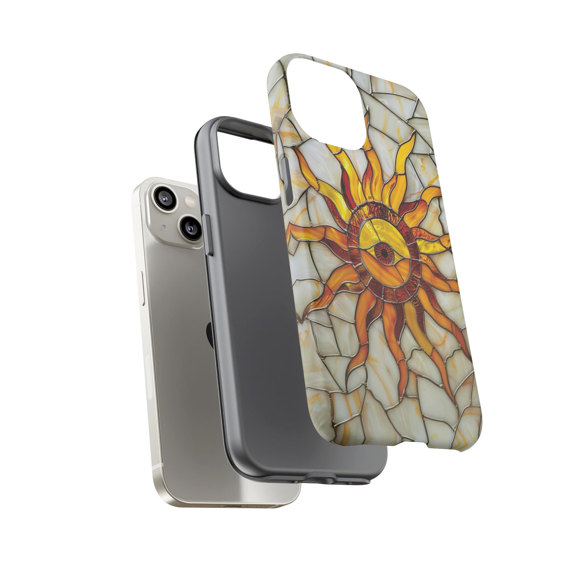Celestial Sun Stained Glass Phone Case, Moon Stars Sunshine Design Phone Cover For iPhone Pro Max, Pixel Pro, Samsung Galaxy Ultra Plus