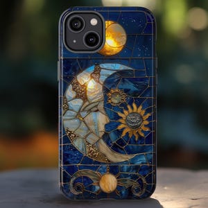 Celestial Stained Glass Moon and Stars Phone Case | Faux Stain Glass Starry Night Sky Design Phone Cover | iPhone 16 | Pixel 9 | Samsung S25