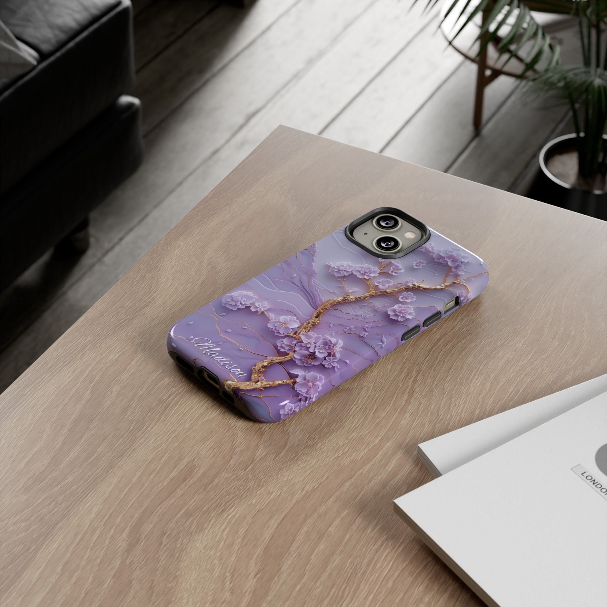 Custom Lavender Japanese Landscape Phone Case, 3D Purple Blossom Asian Art, iPhone 15 14 Pro Max, Pixel 8 Pro, Samsung S24 S23 Ultra Plus