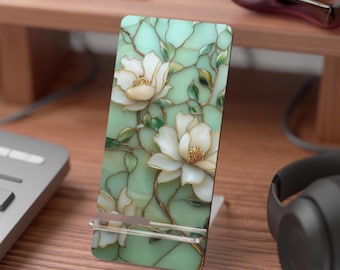 White Magnolia Floral Phone Stand | Faux Stained Glass Mobile Display Stand for Smartphones