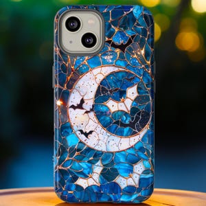 Celestial Stained Glass Halloween Bats Phone Case Spooky Moon Stars Faux Stain Glass Night Sky Cover iPhone Pro Max Pixel Pro Samsung Galaxy