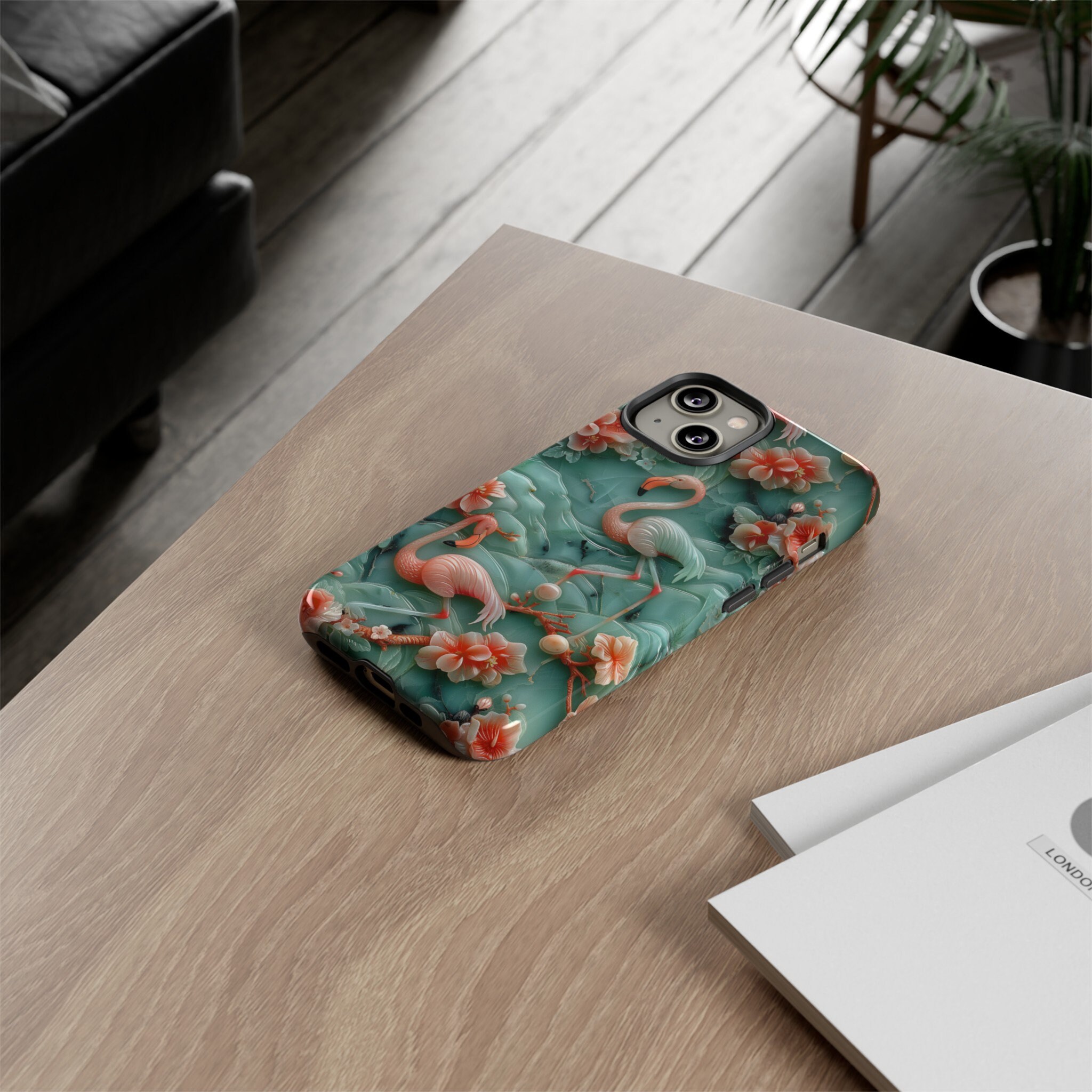 Asian Jade Flamingo Phone Case | Pink Marble Flamingo Landscape | iPhone 15 14 Pro Max | Google Pixel 8 7 Pro | Samsung Galaxy S24 S22 Ultra