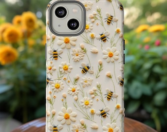 Coque de portable bourdon printanier lumière d'abeille de l'après-midi | Housse de téléphone fausse broderie abeilles florales mignonnes pour iPhone Pixel Samsung S24 | Cadeau pour amateur d'abeilles