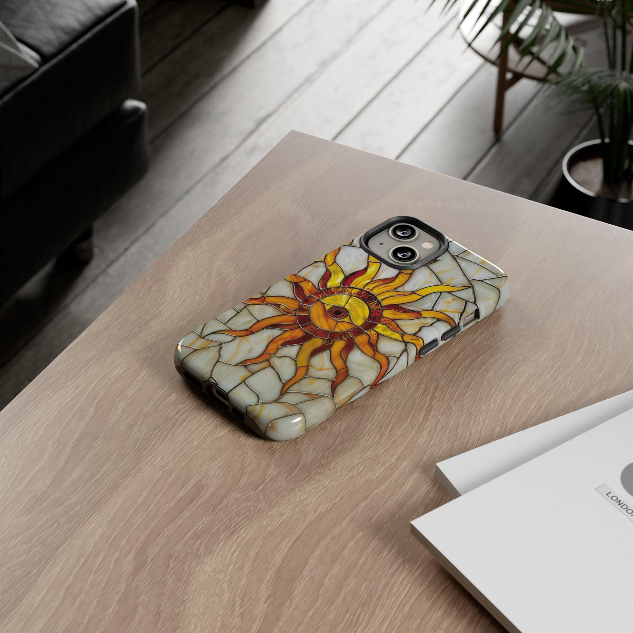 Celestial Sun Stained Glass Phone Case, Moon Stars Sunshine Design Phone Cover For iPhone Pro Max, Pixel Pro, Samsung Galaxy Ultra Plus