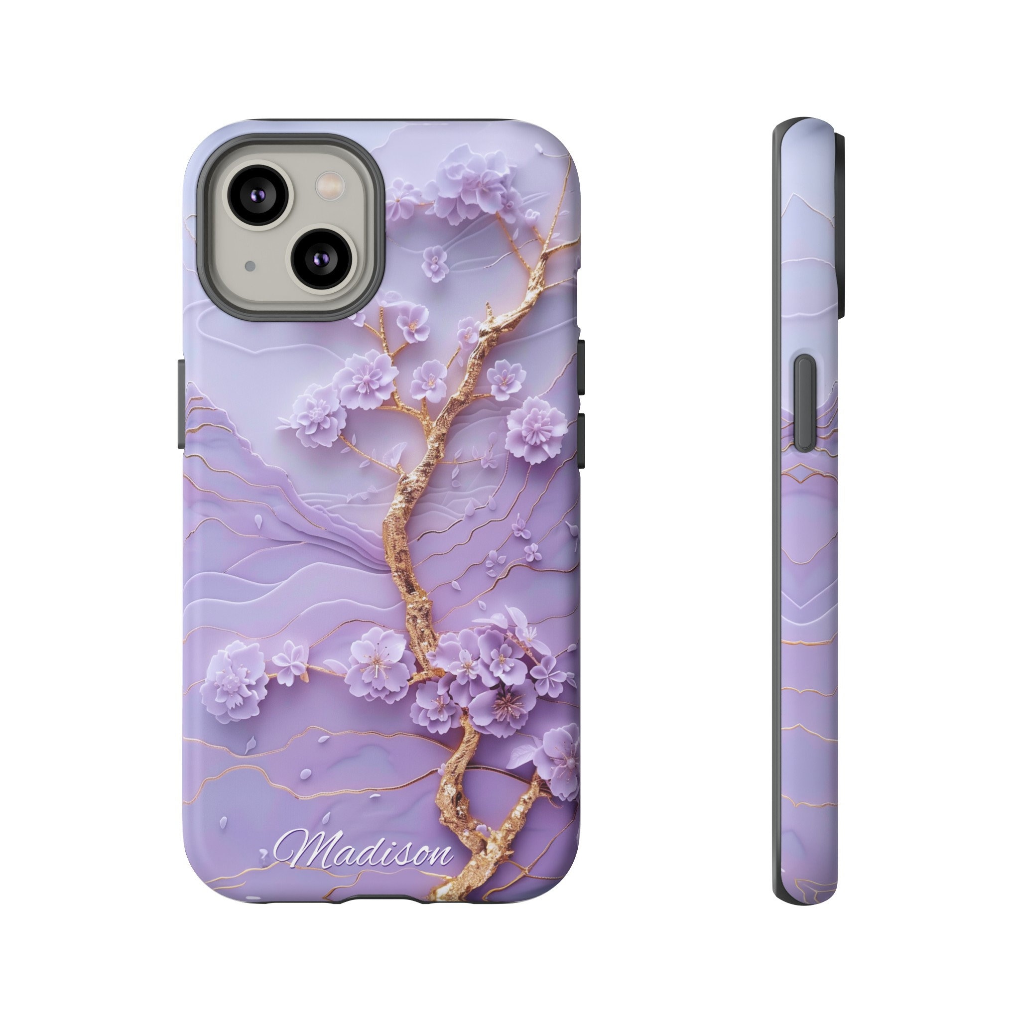Custom Lavender Japanese Landscape Phone Case, 3D Purple Blossom Asian Art, iPhone 15 14 Pro Max, Pixel 8 Pro, Samsung S24 S23 Ultra Plus