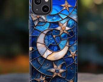 Stained Glass Print Celestial Handyhülle, Faux Stained Glass Sternennacht Mond Handyhülle, iPhone 17 16 15 14, Pixel 9 8, Galaxy S25 24 23