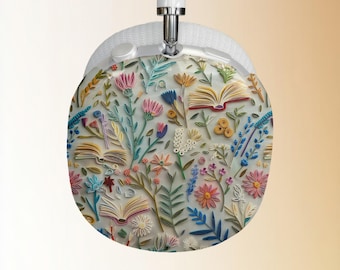 AirPod Max-hoesjes met namaakborduurwerk, boekenplankhoes met bloemen, boeken en bloemen AirPods Cover cadeau, uniek trendy technisch oortelefoonaccessoire