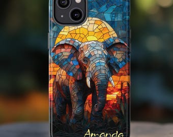 Faux Stained Glass African Elephant Phone Case, Beautiful Mammoth Sunset Phone Cover, iPhone 16 Plus, Pixel 9 Pro, Samsung Galaxy S25 Ultra
