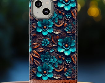 Personalized Western Floral Phone Case, Tooled Leather Effect Turquoise Cowgirl Phone Case, Custom Cowboy Phone Cover, iPhone Samsung Pixel