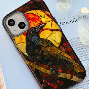 Gothic Raven Stained Glass Phone Case | Faux Stained Glass Full Moon Raven Phone Cover | iPhone 15 Pro | Google Pixel 8 | Samsung Galaxy S24