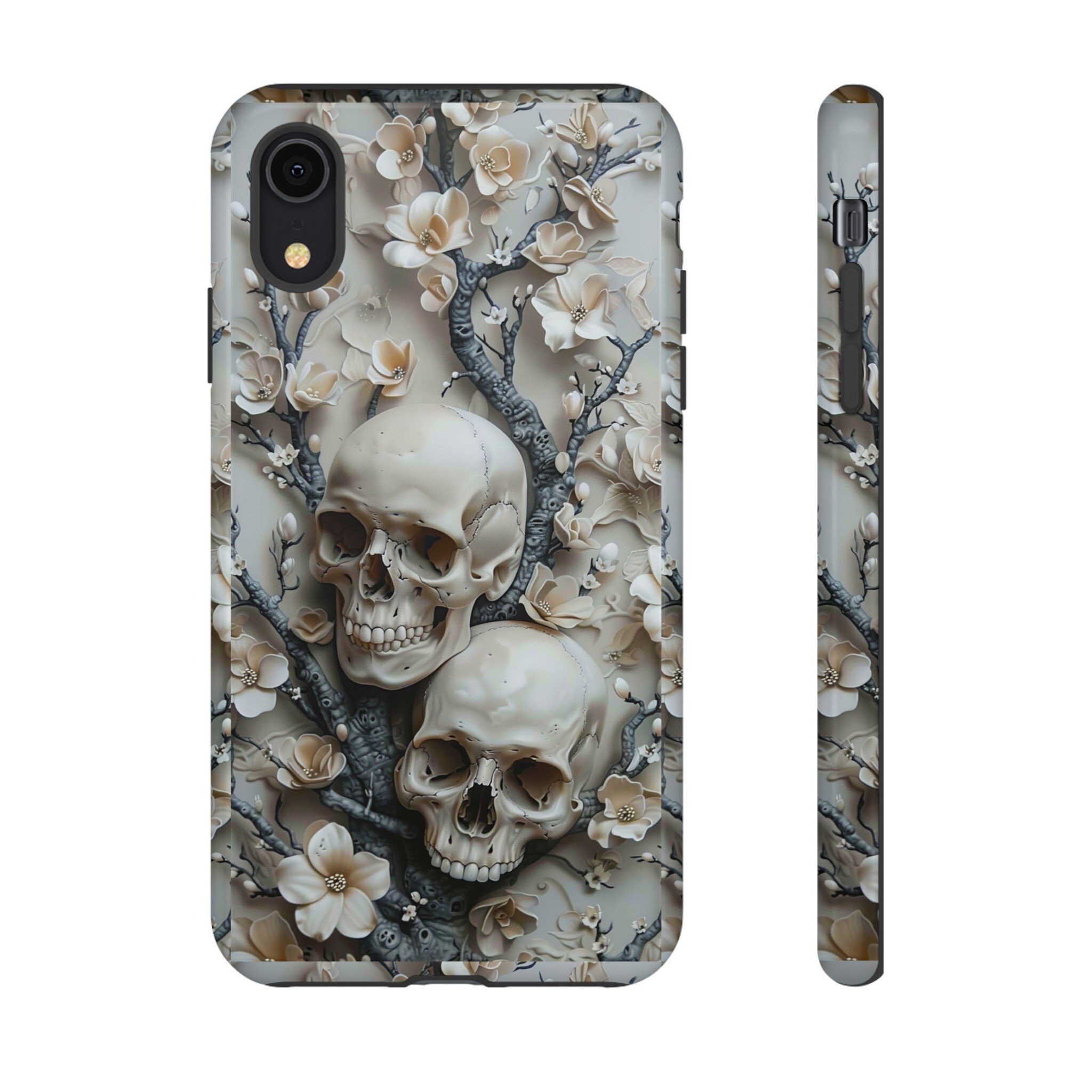 3D Gothic Skulls In Flowers Phone Case | Dark Academia Floral Skull Phone Case | iPhone 15 14 Pro Max, Pixel 8 7, Samsung S24 S23 Ultra Plus