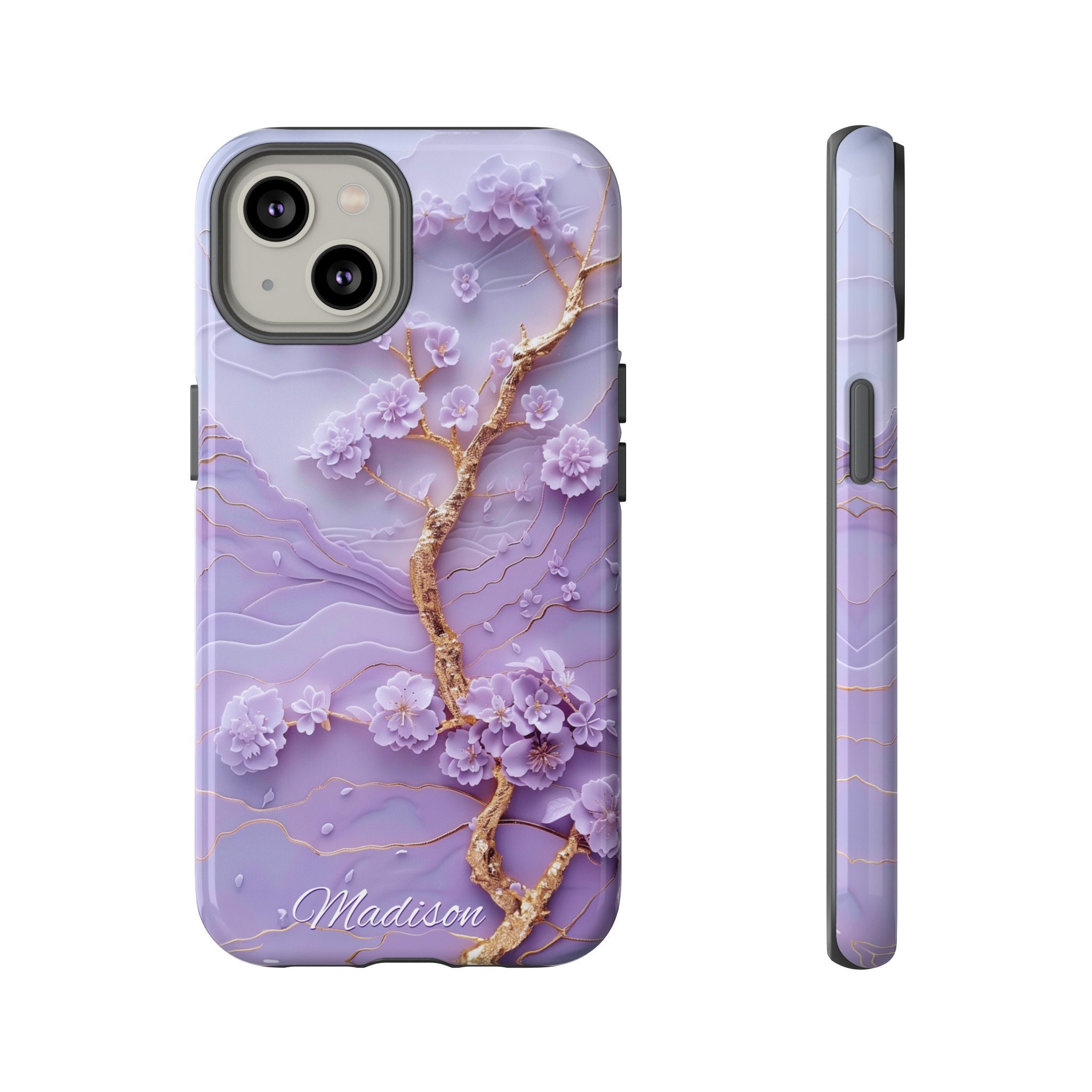Custom Lavender Japanese Landscape Phone Case, 3D Purple Blossom Asian Art, iPhone 15 14 Pro Max, Pixel 8 Pro, Samsung S24 S23 Ultra Plus