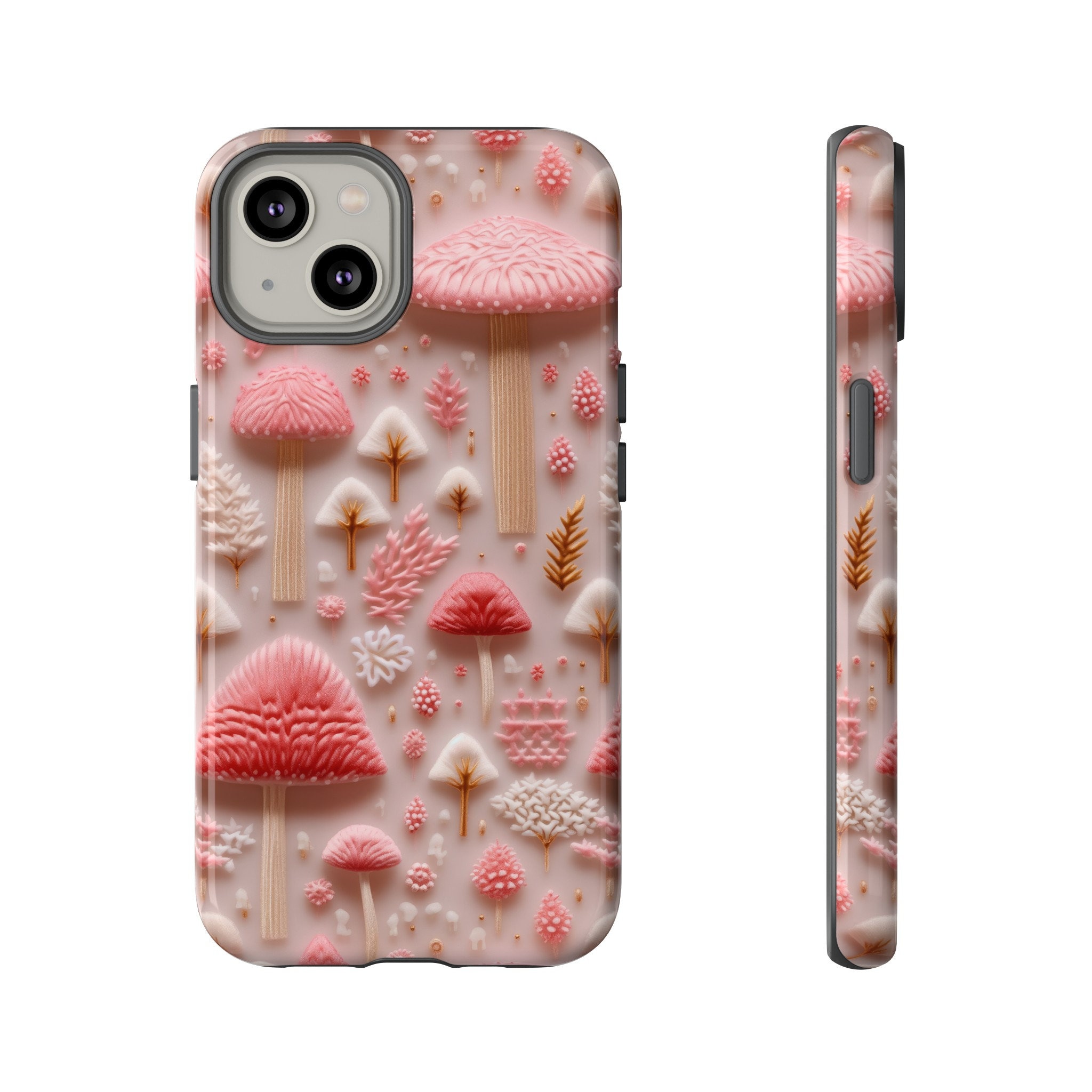 3D Pink Mushroom Phone Case, Faux Embroidery Mushroom Design Phone Cover, Cute Cottagecore Case iPhone 15 14 13, Pixel 8 7, Samsung S24 S23