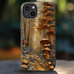 Nature Wooden Rustic Mountain Phone Case, Faux Natural Wood Mushroom Design, iPhone Pro Max, Google Pixel Pro, Samsung Galaxy Ultra Plus