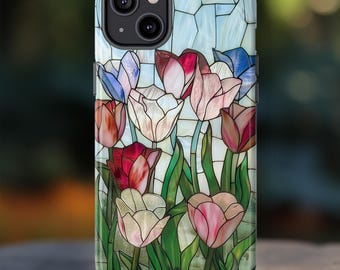Red White Blue Tulip Flower Phone Case, Faux Stained Glass Tulips Floral Phone Cover iPhone Pro Max Google Pixel Samsung Galaxy Plus Ultra