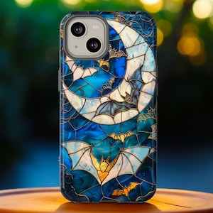 Celestial Stained Glass Halloween Bats Phone Case Spooky Moon And Stars Faux Stain Glass Night Cover iPhone Pro Max Pixel Pro Samsung Galaxy