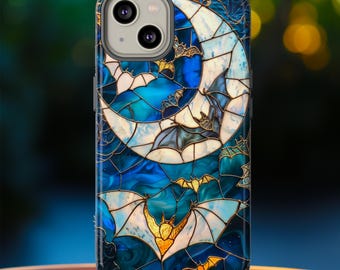 Celestial Stained Glass Halloween Bats Phone Case Spooky Moon And Stars Faux Stain Glass Night Cover iPhone Pro Max Pixel Pro Samsung Galaxy