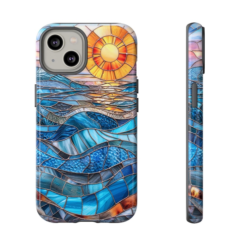 Faux Stained Glass Sunset Phone Case, Mosaic Sunray Ocean Phone Cover, iPhone Google Pixel Samsung Galaxy image 2