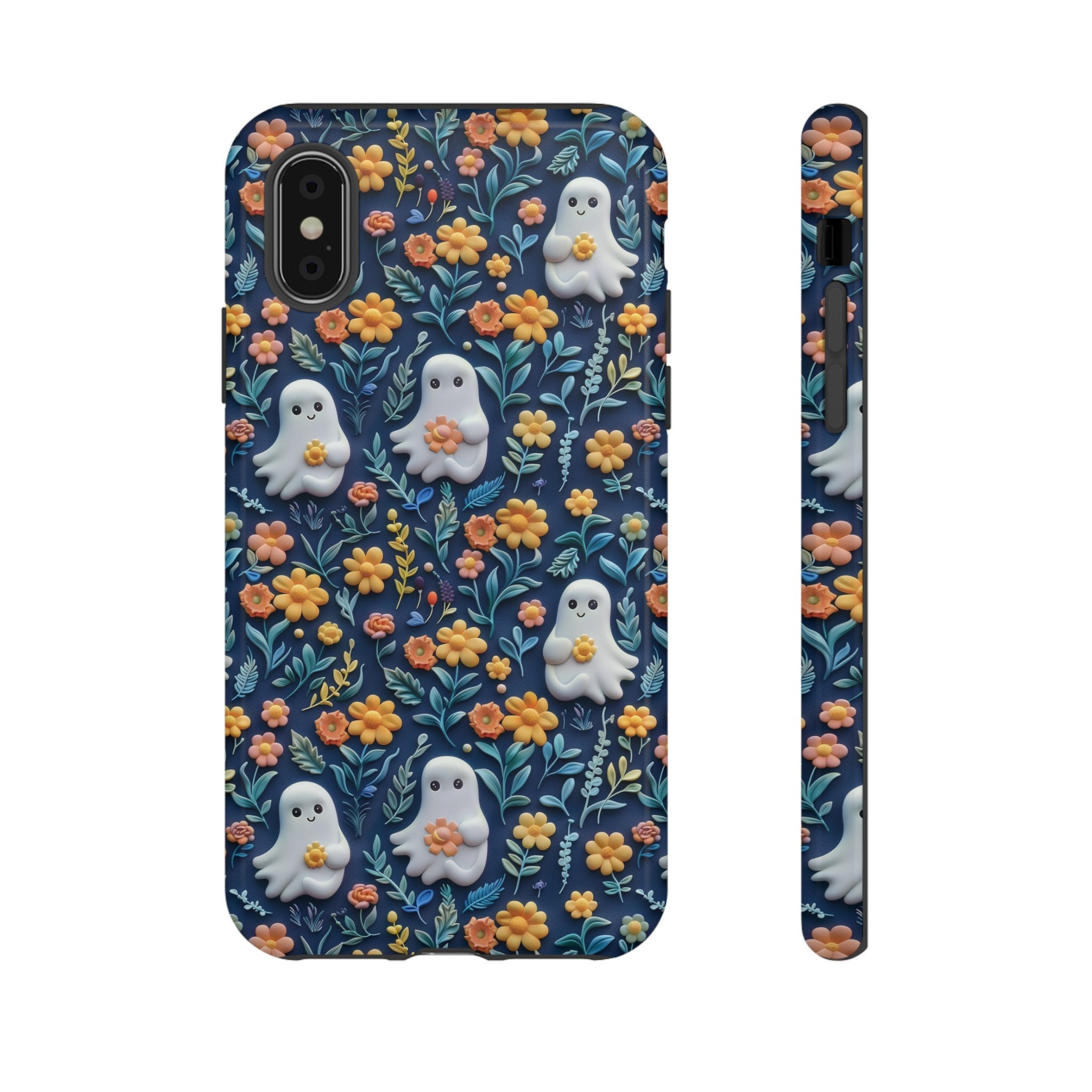 Cute Floral Ghosts Phone Case, 3D Clay Ghosts In Flowers Halloween Phone Cover, iPhone Pro Max, Google Pixel Pro, Samsung Galaxy Plus Ultra