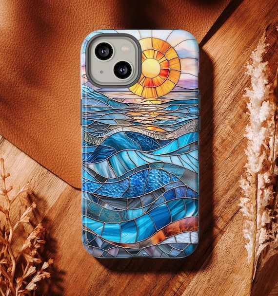 Stained Glass Sunset Phone Case, Faux Stained Glass Mosaic Sunray Ocean Phone Cover, iPhone 15 Pro Max Pixel 8 Samsung Galaxy S24 Plus Ultra