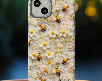 Personalized Bee Lover Gift Phone Case | Custom Faux Embroidered Floral Bumblebee Phone Cover For iPhone Pixel Samsung | Bee Lovers Gift
