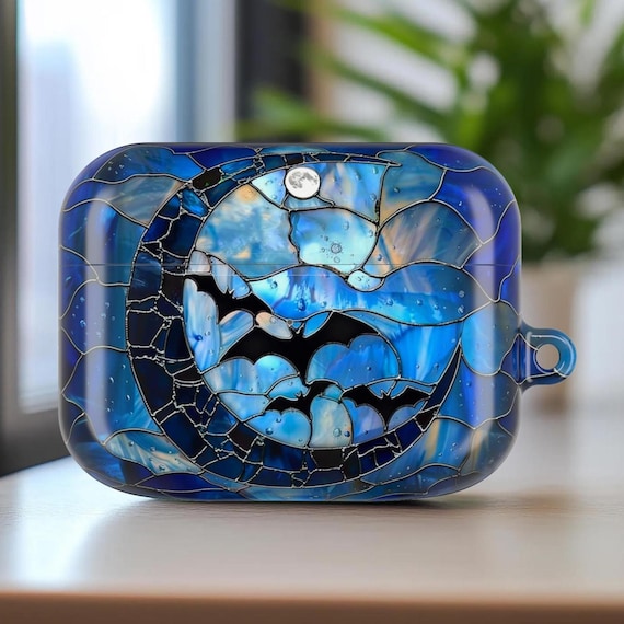 Celestial Stained Glass Spooky Moonlight Bats AirPod Pro Protective Shell Case, Eerie Moon and Bats AirPods Case Cover Gift for Music Lovers