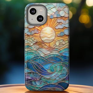 May include: A colorful phone case featuring a stained-glass design of a sun setting over ocean waves. The case has a blue, green, and yellow color scheme with a detailed, artistic appearance. The design includes clouds and sun rays.