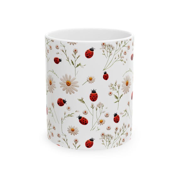 Floral Ladybug Coffee Mug 11 Ounces