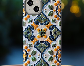 Colorful Azulejo Porcelain Tile Mediterranean Phone Case, Vintage Portuguese Ceramic Tile Design For iPhone, Google Pixel, Samsung Galaxy