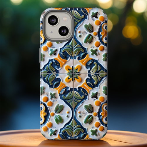 Funda para teléfono con azulejos de porcelana de colores mediterráneos, diseño de azulejos de cerámica portuguesa vintage para iPhone, Google Pixel y Samsung Galaxy.