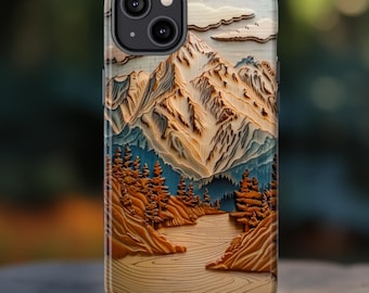 Nature Wooden Rustic Mountain Phone Case, Faux Natural Wood Lanscape Design, iPhone Pro Max, Google Pixel Pro, Samsung Galaxy Ultra Plus