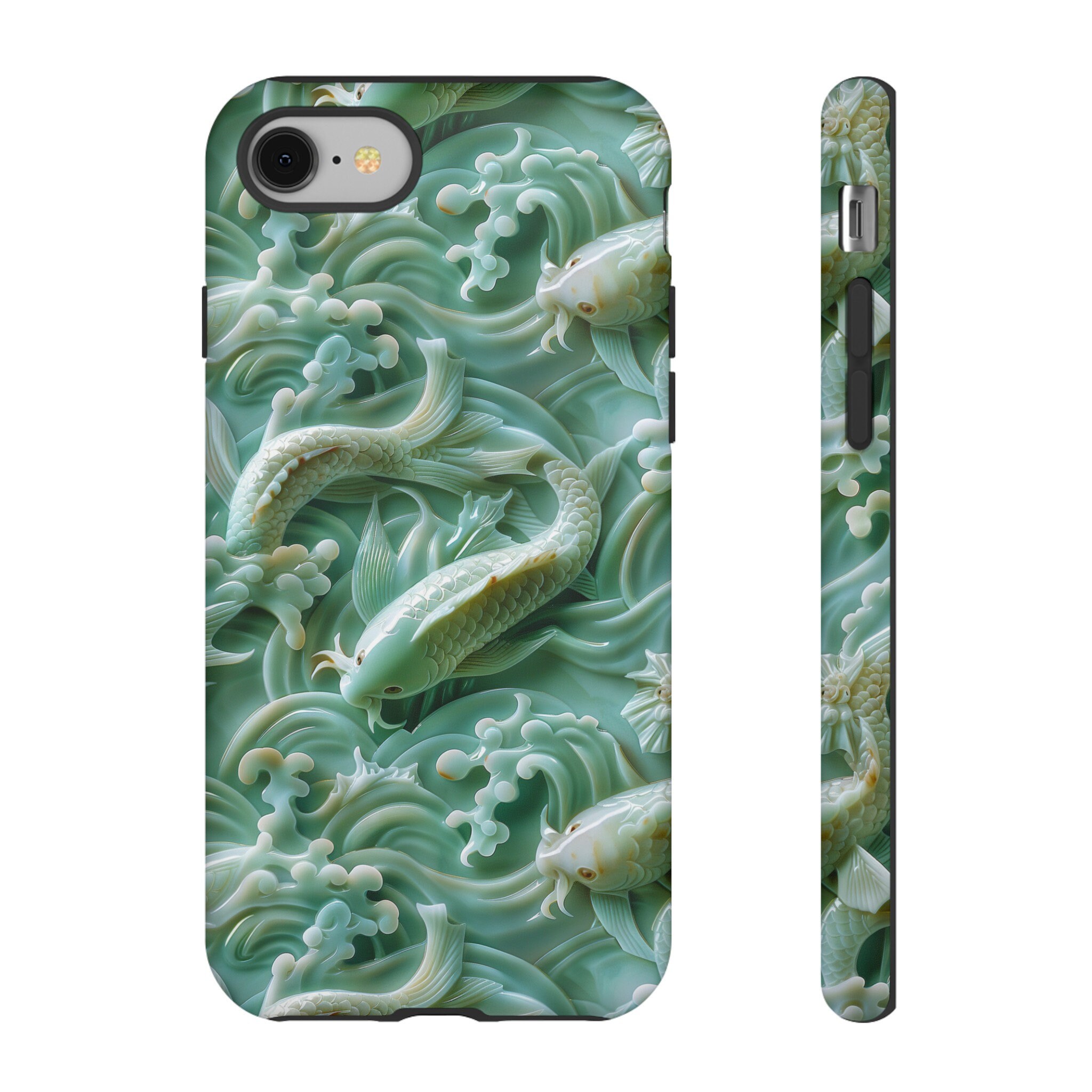Asian Jade Carving Koi Phone Case | 3D Marble Fish Landscape | iPhone 15 14 Pro Max | Google Pixel 8 7 Pro | Samsung Galaxy S24 S22 Ultra