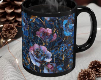 Floral Stained Glass Coffee Mug, Dark Academia Stain Glass Flower Print Teacup, Aesthetic Pink And Blue Mosiac Design Black Cup 11 15 oz