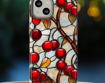 Stained Glass Cherries Phone Case, Faux Stain Glass Cherry Print Phone Cover For iPhone 16 15 14 13 12 11, Samsung Galaxy S25 24 23 22 21
