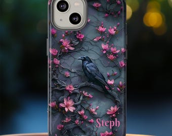 Custom Gothic Raven Tough Phone Case, Personalized Dark Academia Pink Floral Raven Phone Cover, iPhone Pro Max Pixel Pro Samsung Ultra Plus