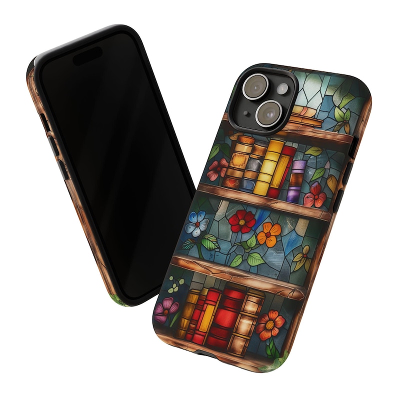 May include: A phone case with a stained glass design featuring a bookshelf with books and flowers. The case is black and has a clear back.